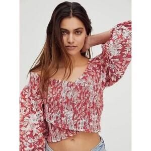 Free People East West Smocked Red Criss Cross Top Small Red Floral Bell Sleeve